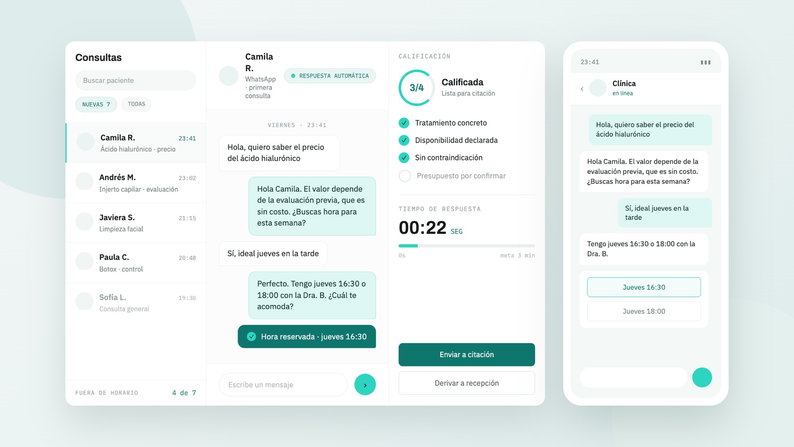 Bandeja de consultas con una conversación de WhatsApp respondida automáticamente a las 23:41 y su ficha de calificación lista para citación.